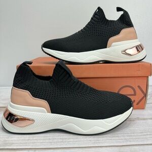 NEW exe Black & Rose Gold Ankle High Stretch Lightweight Slip On Sneakers Sz 36